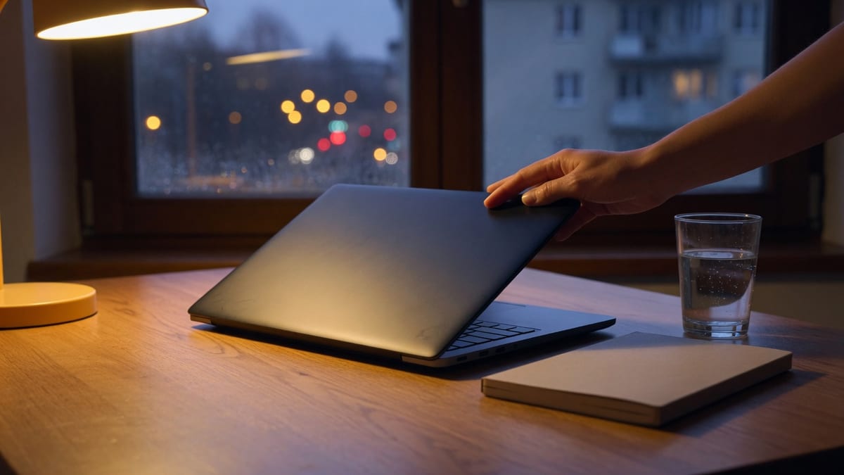 Hand, die abends den Deckel eines Laptops schliesst, daneben ein Notizbuch und ein Glas Wasser
