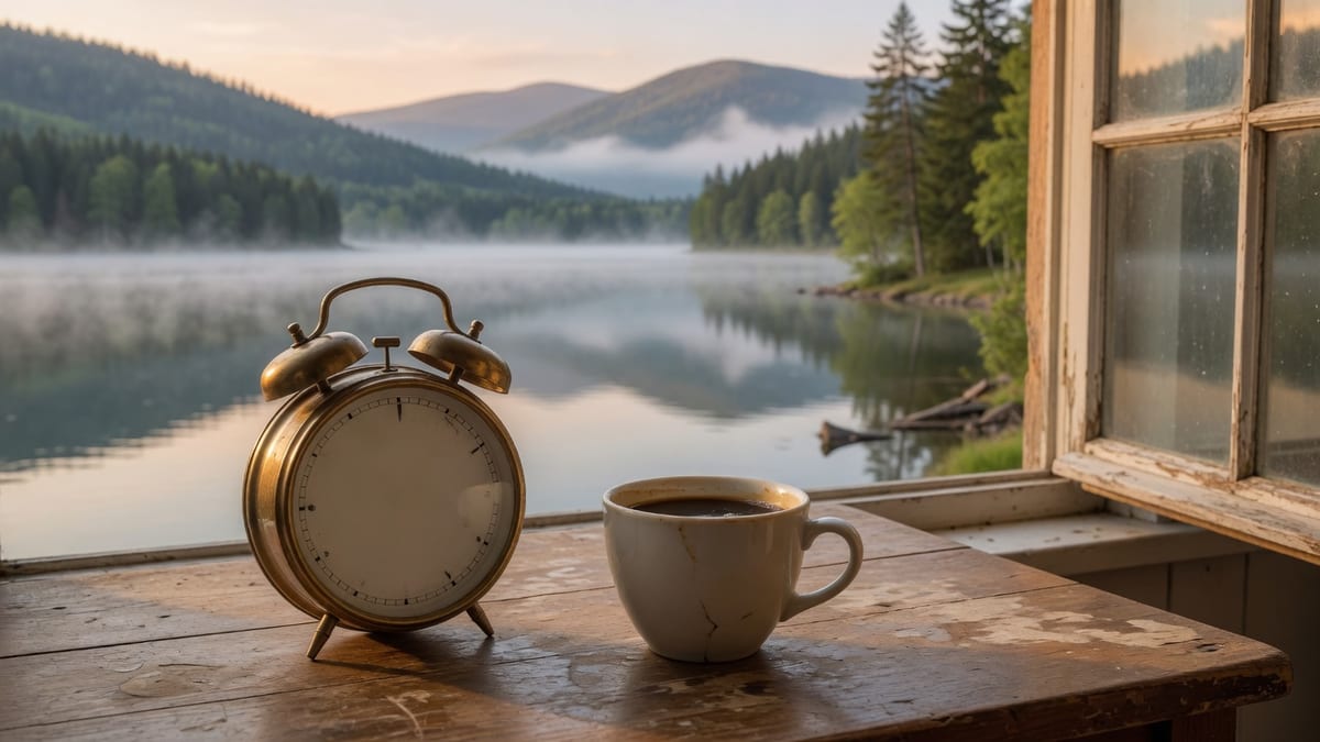 Wecker neben einer Kaffeetasse auf einem Holztisch, im Fenster ein ruhiger Bergsee