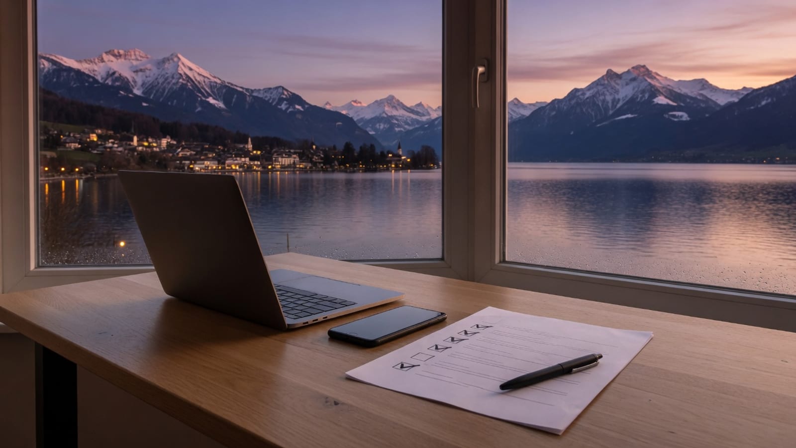 Laptop, Smartphone und eine Checkliste auf einem hellen Holzschreibtisch, im Fenster ein Schweizer Bergsee mit Städtchen in der Dämmerung