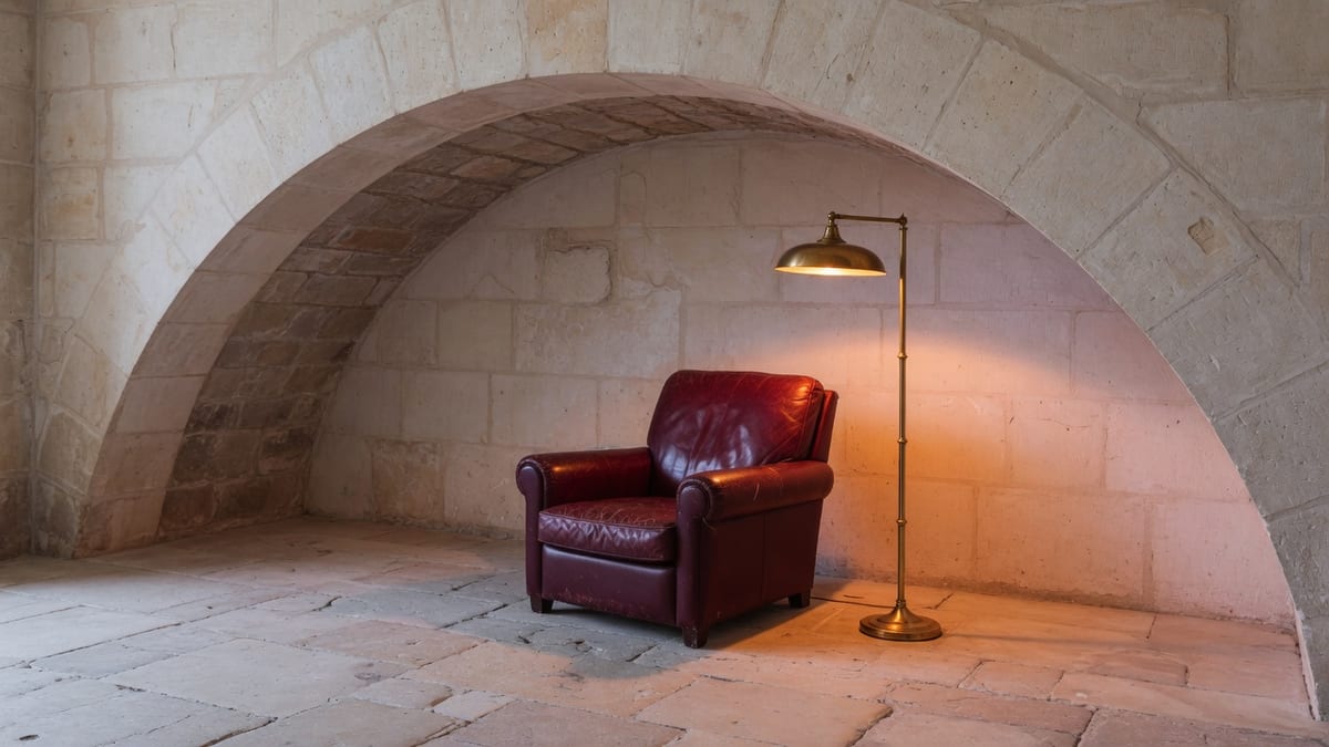 Elegante Lounge mit Steinbogen, bordeauxrotem Ledersessel und Messing-Stehlampe