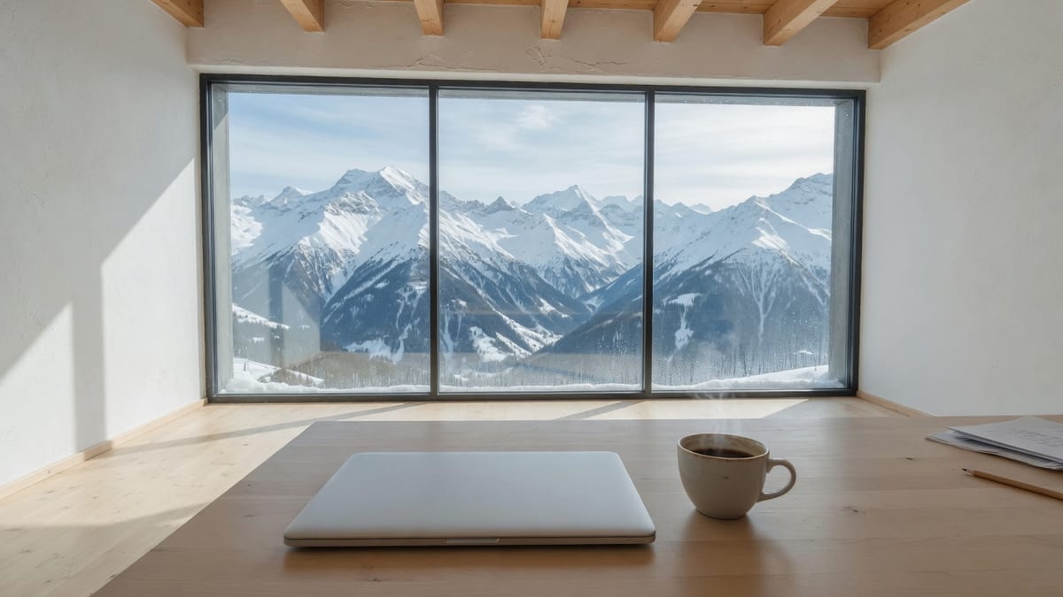 Heller Holztisch in einer Berghütte mit Laptop und Kaffeetasse, vor dem Fenster verschneite Berge